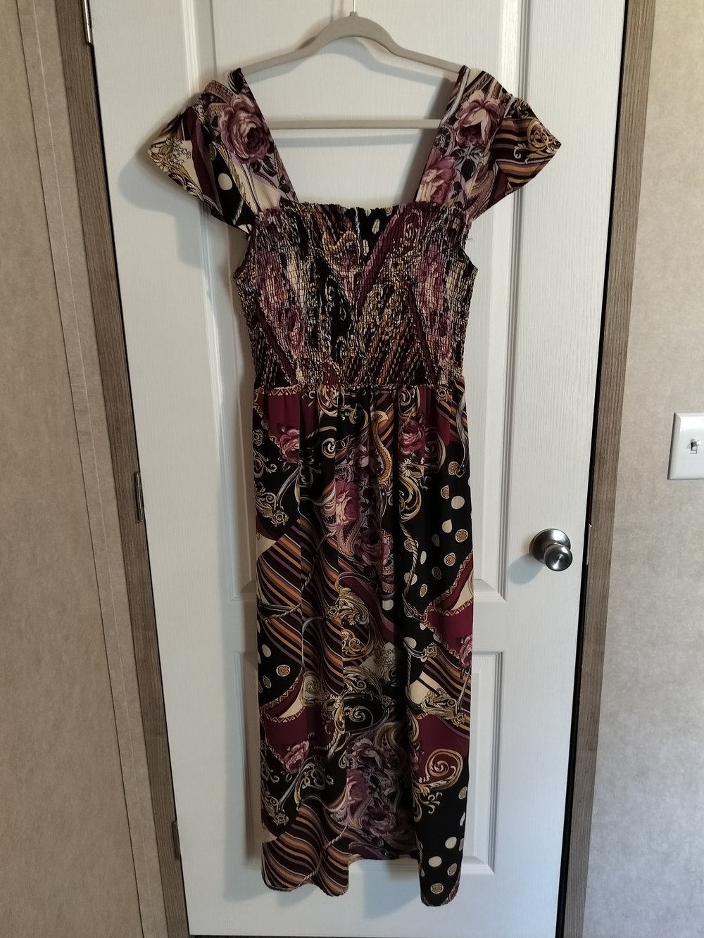 Mlle Gabrielle Black and Plum Patterned Smocked Maxi Dress with Cream Accents